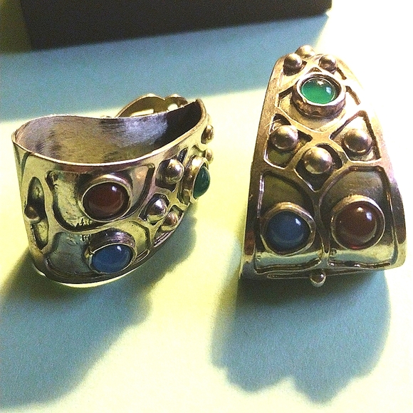 TAXCO LARGE STERLING CLIP-0N MULTI STONE EARRINGS SIGNED VINTAGE COLLECTABLE - Picture 6 of 7